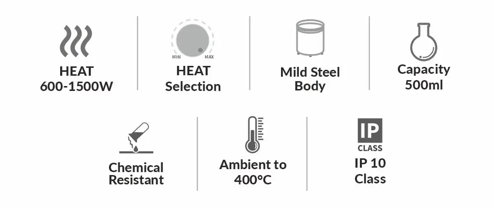 Icons display product features: Mild Steel Body, knob button for heat selection with a temperature range from ambient to 400°C, IP 10 protection, 500ml capacity, chemical resistant, heating power of 600-1500W, and IP 10 protection.