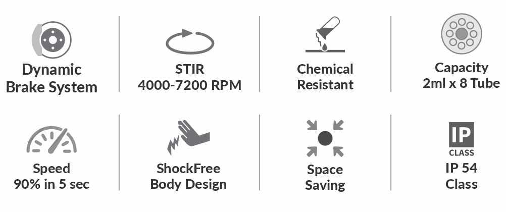 Icons representing product features: Dynamic Brake System, stirring speed range 40–7200 RPM, chemical resistant, capacity 2ml × 8 tubes, achieves 90% speed in 5 seconds, ShockFree body design, space saving, and IP 54 protection class.