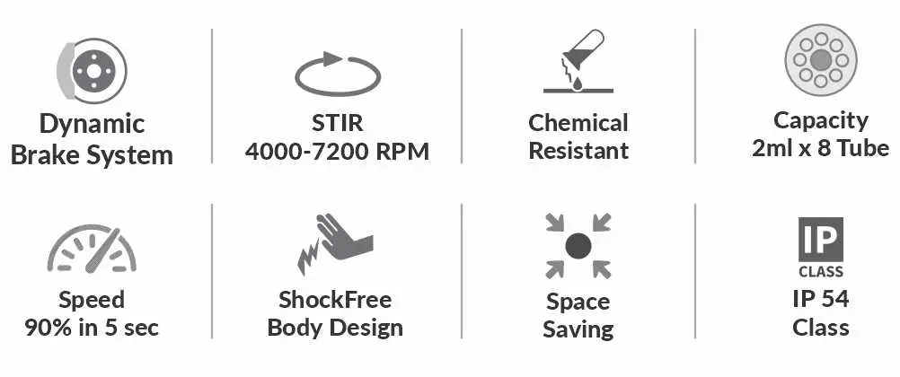 Icons representing product features: Dynamic Brake System, stirring speed range 40–7200 RPM, chemical resistant, capacity 2ml × 8 tubes, achieves 90% speed in 5 seconds, ShockFree body design, space saving, and IP 54 protection class.