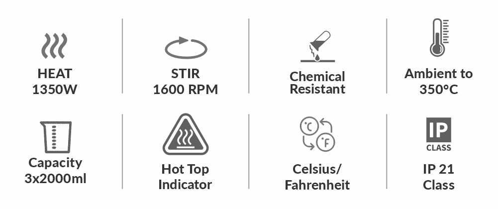 Icons displays the product feature like 1350W heat output, 1600 RPM stirring, chemical resistant, temperature range from ambient to 350°C, capacity 3×2000ml, PT 100 temperature sensor probe, hot top indicator, Celsius/Fahrenheit switch, and IP 21 protection class.