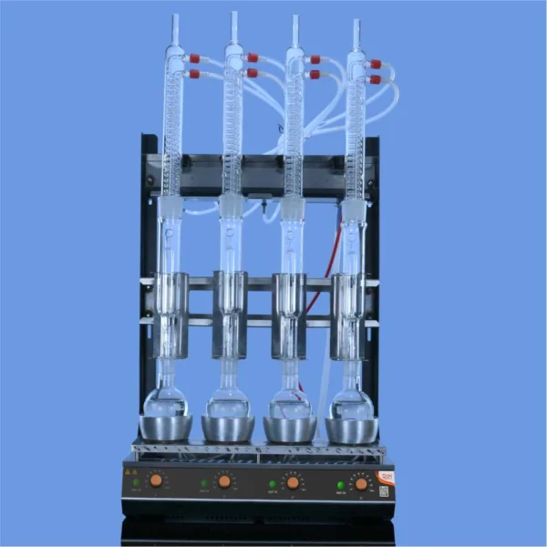 Dan Logitech's fat extraction apparatus (Soxhlet Apparatus), catalog number 1900.DNEU, has a stainless steel body with a digital display, a load capacity of 15 kg and IP 20 rating.
