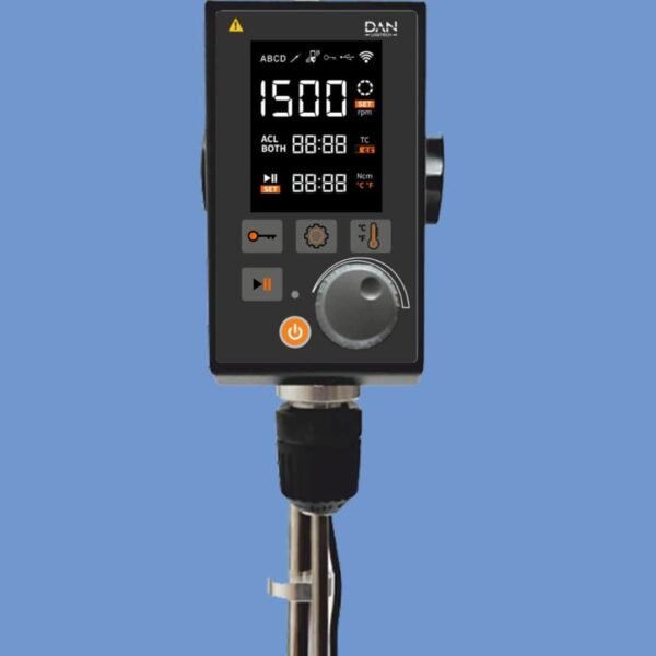 Dan Logitech's Overhead Stirrer With LCD Display, catalog number 6050P.DNEU, features a display with knob selection, made of stainless steel (SS) and ABS materials and has a stirring capacity of up to 60 liters