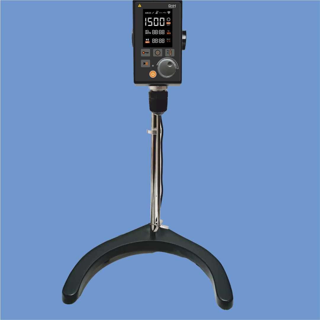 Dan Logitech's Overhead Stirrer With Big LCD Display, catalog number 6050P.DNEU, features a display with knob selection, made of stainless steel (SS) and ABS materials and has a stirring capacity of up to 60 liters